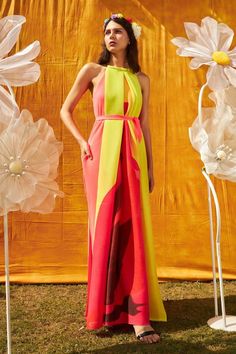 Fluorescent yellow sleeveless halter neck cape style maxi dress crafted in pleated polyester with colorblocked details. - Aza Fashions Maxi Dress For Women, Fluorescent Yellow, Cape Style, Dress Crafts, Style Maxi Dress, Dress For Women, Womens Maxi Dresses, Dress Pattern, Aza Fashion