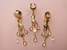 Gold 'Ethereal Touch' Dangles | The Frilly Feline 0g Gauges, Earrings Gauges, Dangle Plugs, Gauge Earrings, Gauged Earrings, Earplugs, Drop Dangle Earrings, Faceted Glass, Black Magic