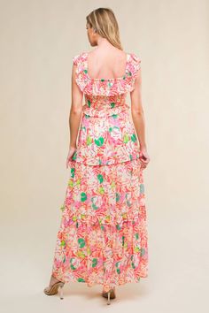 A printed woven midi dress featuring off shoulder neckline with ruffles, smocked bodice and tiered skirt with ruffles Details: Self : 100% PolyesterLining : 100% Polyester Size & Fit - Model is 5`8" And Wearing Size Small- Measurements Taken From Size Small- Approx. Length: 56" Summer Off-shoulder Smocked Dress With Ruffles, Pink Off-shoulder Maxi Dress With Ruffles, Pink Off-shoulder Ruffled Maxi Dress, Pink Tiered Maxi Dress With Smocked Back, Multicolor Tiered Dress With Ruffles For Vacation, Off-shoulder Smocked Dress With Ruffles For Summer, Multicolor Ruffled Tiered Dress For Vacation, Tiered Multicolor Smocked Dress For Summer, Midi-length Smocked Dress With Ruffles For Garden Party