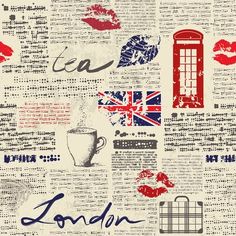 an old newspaper with british symbols and lipstick on it, as well as the word london