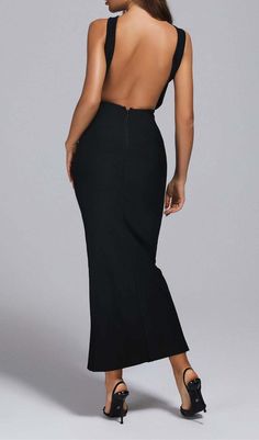 Embrace the allure of mystery with our Backless Sleeveless Bandage Maxi Dress in Black! This isn't just a dress, it's a captivating tale of elegance and sensuality. The backless design adds a seductive surprise, while the sleeveless cut allows for freedom of movement. The bandage style beautifully accentuates your curves, and the maxi length brings a regal touch. The black hue is as intriguing as a moonless night, creating a dress that's perfect for formal events, black-tie parties, or any occas Black Halter Neck Maxi Dress With Back Opening, Black Fitted Backless Dress With Back Opening, Fitted Black Backless Dress With Back Opening, Black Halter Neck Dress With Back Opening, Black Midi Dress With Back Opening For Formal Occasions, Fitted Black Bodycon Dress With Back Opening, Fitted Black Backless Dress For Prom, Black Fitted Floor-length Backless Dress, Fitted Floor-length Black Backless Dress