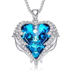 Blue Heart And Wing Necklace Swarovski Heart Necklace, Angel Wings Necklace, Lace Fancy, Wings Necklace, Swarovski Pendant, Swarovski Heart, Crystal Heart Necklace, Swarovski Crystal Hearts, Crystal Heart Pendant