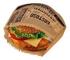 a chicken sandwich with lettuce, tomato and cheese in a paper wrapper