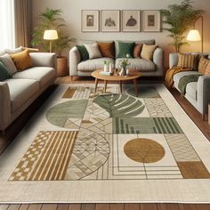 a living room with couches, chairs and rugs on the floor in front of a window