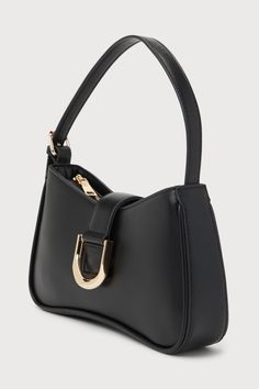 Cute Black Handbag - Structured Shoulder Bag - Buckle Bag - Lulus Black Purse Gold Hardware, Pouch Baguette Bag With Gold-tone Hardware For Daily Use, Daily Use Pouch Baguette Bag With Gold-tone Hardware, Daily Use Gold-tone Pouch Baguette Bag, Trendy Pouch Baguette Bag With Gold-tone Hardware, Hand Bags Aesthetic, Purse Aesthetic, Structured Handbags, Chic Purses