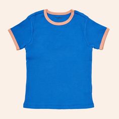 Made from super soft organic cotton rib, the Anaheim tee is our favorite basic tee for spring. The textured fabric feels luxurious and the contrast bindings give a nod to retro sportswear. With a bit more style than a basic tee, prepare to stand out on the playground. 95% Organic Cotton/5% Spandex Blue Tops With Contrast Trim For Summer, Everyday Blue Ribbed Tops, Cotton Tops With Contrast Trim For Loungewear, Blue Tops With Contrast Trim For Spring, Blue Cotton Tops With Contrast Trim, Blue Cotton Top With Contrast Trim, Fitted Blue Tops With Contrast Trim, Sporty Blue Organic Cotton Tops, Sporty Blue Top With Ribbed Neckline