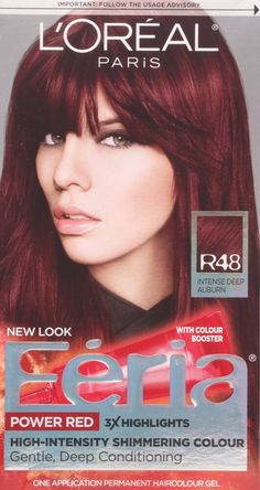 Feria by L'Oreal Paris gives you cutting-edge, multi-faceted, shimmering color that never wrecks or ravages. L'Oreal Paris Feria Shimmering Permanent Hair Color, R48 Red Velvet (Intense Deep Auburn), 1 kit; Feria by L'Oréal Paris gives you cutting-edge, multi-faceted, shimmering color for vibrant, healthy-looking hair Feria's Bonding Care Complex Conditioner helps repair hair's strength; Helps protect fragile hair bonds Delivers trendy, edgy, shimmering, fashionable and multi-tonal hair colors V Edgy Hair Color, Baylage Hair, Burgundy Highlights, Blonde Dye, Red Balayage, Hair Color Underneath, Fall Hair Color Trends, Black Hair With Highlights, How To Lighten Hair