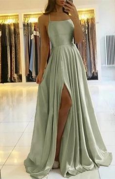 Prom Dress With Spaghetti Straps and Slit Sage Green Prom Dress, Prom Dress Inspiration, Cute Prom Dresses, Long Prom Dresses, Maxi Dress Prom, Pretty Prom Dresses, A Line Prom Dresses, Green Prom Dress, Grad Dresses