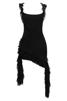 One of our most striking styles, our Roux Ruffle Mesh Dress is truly one-of-a-kind. Cut from our exclusive double layered mesh fabric, this asymmetrical black dress features a bodycon fit and ruffle sleeve detailing. This mini dress skims over your curves and is complimented with more ruffle accentuated detailing across the front and sides of the dress and softly falling to each side. Perfect for date night or an evening cocktail party, pair our Roux with your favorite heels and clutch for a com Aesthetic Ruffle Dress, Ruffle Black Dress, 90s Ruffle Dress, Black Ruffle Mini Dress, Black Bodycon Dress Outfit Parties, Black Dress Party Night, Frill Dress Ruffles, Black Cocktail Dress Outfit, Little Black Dress Outfit Party