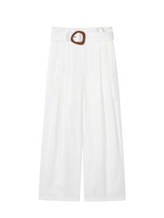 Details: Crisp and clean linen white casual trousersHigh waisted loose straight fitSymmetrical double pleat designBelt buckle made of wood for a stronger sense of quality Materials & Care: Fabric: Viscose 82.3 %Linen 17.7%Lining; polyester 100% Hand wash | Dry clean Do not bleach Size & Fit: Model is 5'7", Bust 32, Waist 24, Hips 35, wearing a size S Item #: IN1PA39 White Bottoms With Belt Detail For Spring, White Belted High-waisted Pants, Chic White Bottoms With Belt, White Cotton Wide Leg Pants With Belt Loops, White Belted Wide-leg Bottoms, White Belted Wide Leg Bottoms, White High-waist Belted Pants, White Belted Bottoms For Summer, White Belted Wide Leg Pants