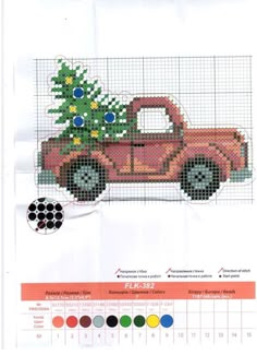 an old red truck with a christmas tree on the back is shown in this cross stitch pattern