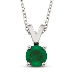 This classic necklace for her features a round-cut certified emerald set in 14K white gold. The pendant is suspended from an 18-inch cable chain and secures with a lobster clasp. Emerald Set, Solitaire Pendant Necklace, Necklace For Her, Classic Necklace, Emerald Pendant, Emerald Necklace, Solitaire Pendant, Gemstone Necklace Pendant, Accessories Jewelry Necklace