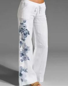 Olivia Mark - Flare pants with floral print pocket decoration and drawstring Vestiti In Jeans, Casual Linen Pants, Printed Flare Pants, High Waist Wide Leg Pants, Printed Wide Leg Pants, Linen Casual, Painted Clothes, Wide Leg Linen Pants, Womens Tops Summer