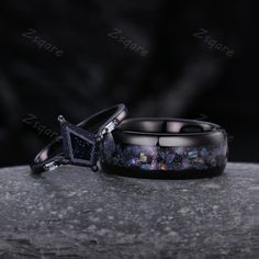 Introducing our galaxy Custom Space Galaxy couples ring set - a perfect symbol of love and commitment for the special couple. ITEM DESCRIPTION * Handmade, high-quality item! * Material: Sterling silver/10K/14K/18K Solid GOLD/Tungsten Her Ring: * Center stone: Blue Sandstone * Stone size: 7x10mm kite cut * Side stone: Simulated diamond ► Please contact me if you have special requests, such as change the center stone or the ring style.  His Ring: * Band width: 8mm * Black gold Tungsten Carbide wit Blue Sandstone Ring, Sandstone Ring, Star Space, His Ring, Couples Ring, Black Gold Ring, Blue Sandstone, Ring Matching, Couples Ring Set