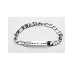 "This engraved silver stainless steel bracelet can be personalized with names, initials and a secret message on the back. This personalized bracelet is the perfect gift for that special person! Show your memento of love and adoration. Let your sweetheart know just how much you care about them. . It is the ideal present for your anniversary, Valentine's Day or Christmas; or just any day to say \"I love you.\" Finish: High Polished Stainless Steel Clasp Type: Lobster Link Style: Figaro Plaque Dimensions: 1.25\" x 0 .1/4\" Bracelet Length: 7 1/2 or 8 inches  (please measure wrist prior to purchase let us know the size ) Upon purchase you can send the text you would like engraved along with the font style in a message. If the engraving is too long or needs to be revised in any way, you will be Classic Stainless Steel Name Bracelet For Anniversary, Classic Silver Chain Bracelet With Engraving Option, White Gold Stainless Steel Bracelets For Anniversary, Anniversary White Gold Stainless Steel Bracelets, Classic Stainless Steel Bracelets With Engraving Option, Silver Metal Jewelry With Engraving Option, Classic Stainless Steel Name Bracelet For Personalized Gift, Silver Bracelets With Engraving Option For Personalized Gift, Personalized Stainless Steel Bracelets For Anniversary