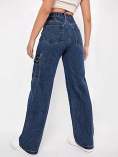 For casual days that call for style and substance, slip into these High Waist Cargo Jeans! Made from durable denim, they have a flattering high waist and a zipper fly. Plus, loads of pockets for all your stuff, look fly and stay organized at the same time. Comfy, stylish, and just a little bit sassy - these jeans truly have it all. Details: Pattern Type: Plain Type: Straight Leg Jeans Style: Cargo Pants Waist Line: High Waist Length: Long Fit Type: Loose Fabric: Non-Stretch Material: Denim Compo Fall Mid-rise Jeans With Side Pockets, Dark Wash Denim Jeans With Side Pockets, Relaxed Fit Dark Wash Flare Jeans With Pockets, Everyday Mid-rise Medium Wash Cargo Jeans, Everyday Mid-rise Cargo Jeans In Medium Wash, Trendy Dark Wash Jeans With Zip Fly, Casual High Waist Jeans With Zip Fly, Trendy Full-length Jeans With Zip Fly, Casual Full-length Dark Wash Cargo Jeans