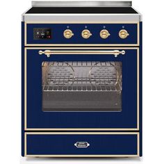 a blue oven with two burners on the front and one in the back, against a white background