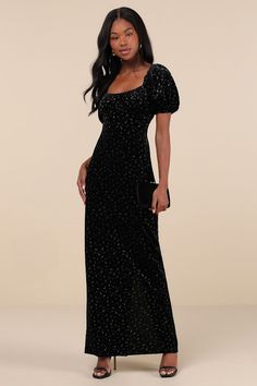 Expert Charm Black Ditsy Floral Velvet Puff Sleeve Maxi Dress Black Tie Dress Modest, Elegant Black Dress With Sleeves, Winter Formal Wedding Guest Dress, Black Tie Attire For Women Winter, Winter Black Tie Wedding Guest Dress, Modest Black Prom Dress, Winter Elegant Dress, Formal Dress With Sleeves, Christmas Maxi Dress