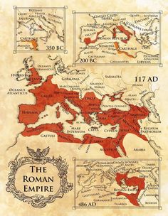 an old map with the roman empire in red