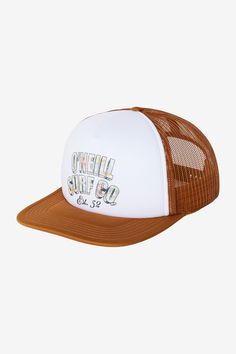 O'Neill Women's trucker hat Mesh back with snap closure Printed art detail Logo flag label 100% Polyester | O'Neill Women's Ravi Trucker Hat in Tobacc Brw, Polyester Brown Snapback Trucker Hat For Summer, Brown Summer Trucker Hat With Curved Bill, Brown Curved Bill Trucker Hat For Summer, Brown Flat Brim Trucker Hat For Summer, Retro Brown Snapback Hat For Summer, Brown Summer Hat With Curved Bill, Brown Flat Brim Trucker Hat For Beach, Brown Snapback Hat With Flat Bill For Summer, Brown Flat Bill Snapback Hat For Summer