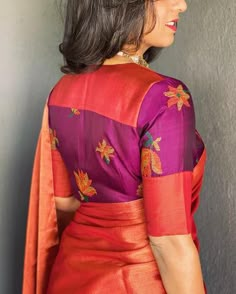 Threadwork Saree Blouses, Orange Choli Designs, Two Colours Blouse Designs, Trendy Blouse Designs For Silk Sarees, Colour Blouse Designs, Patchwork Blouse Designs, Saree Blouse Neck Designs