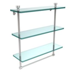 three glass shelves with metal handles on each side and one shelf above the other, both are empty