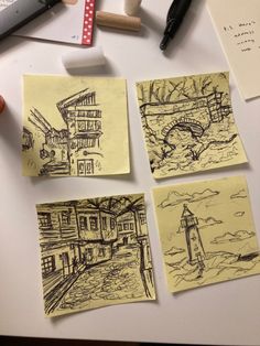 four pieces of paper with drawings on them