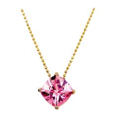 This beautiful pink topaz that has been carefully cut into a cushion cut gemstone is both natural and genuine. This is not a imitation or synthetic stone. The color is vibrant and will make any pink lover happy! The gemstone is set perfectly in a four prong setting and a 1.2 millimeter beaded chain looks gorgeous on either side. The chain is 18 inches long. The details for this beautiful necklace are listed below: Metal Quality: 14 K Yellow Gold Gemstone: Pink Topaz Gemstone Number: 1 Gemstone S Topaz Yellow, Pink Cushion, Pink Cushions, Yellow Gold Necklace, Pink Topaz, Star Jewelry, Topaz Gemstone, Beautiful Necklace, Five Star