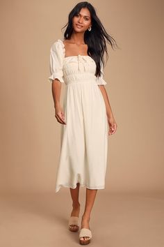 Dresses for Women | Best Women's Dresses Online Stylish White Dress, Honeymoon Dress, Cream Midi Dress, Cute White Dress, Cream Puff, Dresses To Make, Sorority Recruitment, Dress Shirt Sleeves, Cream Puffs