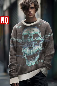 💎☠️💎☠️💎☠️  Retro Glitch Skull knitted sweater 💎☠️💎☠️💎☠️ Embrace the perfect blend of Y2K and goth aesthetics with our one-of-a-kind knitted sweater!  Get ready to step back in time as you unleash the mesmerizing charm of VHS glitches combined with the edgy allure of a skull design. Our talented artisans have poured their heart into creating a design that will instantly transport you to the golden era of the late '90s and early 2000s.  ☠️🌶️☠️🌶️ This exclusive Y2K knitted sweater is a true collector's item and won't be found anywhere else. So, don't wait too long - embrace the fusion of goth and Y2K aesthetics today and make a bold statement that's uniquely yours! This is a high quality product ! with high quality yarn All sweaters are in our facility in New Jersey, making Shipping t Graphic Skater Sweater, Y2k Hoodie Men, Vhs Glitch, Skull Y2k, Retro Goth, Y2k Hoodie, Thick Sweaters, Late 90s, Skull Design