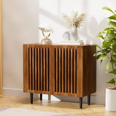 a wooden cabinet sitting next to a potted plant on top of a hard wood floor