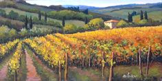 an oil painting of a vineyard in autumn