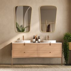 a bathroom with two sinks and mirrors on the wall next to a potted plant