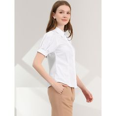 A basic button-down shirt features short puff sleeves bringing a touch of femininity and detail to any of the work-wear and making them look elegant. This puff-sleeve shirt is made of lightweight soft cotton fabric, drapes beautifully, and ensures you stay comfy all day. Pair this work office shirt with shorts, work pants, or casual jeans. Classic Blouse With Rolled Sleeves For Business Casual, Puff Sleeve Shirt For Work, Collared Shirt With Rolled Sleeves For Work, Elegant Short Sleeve Shirt For Office Wear, Formal Short Sleeve Tops For Office, Classic Blouse With Cuffed Sleeves, Classic Solid Blouse With Cuffed Sleeves, Blouse With Rolled Sleeves For Daywear, Daywear Blouse With Rolled Sleeves