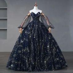 Sleeves: detachablePetticoat: detachable Blue Prom Dresses 2023, Midnight Blue Prom Dresses, Celestial Gown, Navy Blue Wedding Dress, Dark Blue Gown, Star Prom Dress, Starfall Ball, Starry Night Prom, Themed Prom Dresses