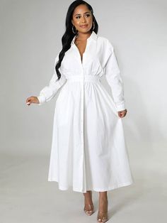 Material: Made of 95% Polyester+spandenx. Soft breathable and elastic fabric, comfortable to wear.Features: Long sleeve, solid color, button down, collar, bodycon maxi shirt dress. Chic Long Sleeve Solid Color Shirt Dress, Stretch Solid Dresses With Buttons, Stretch Solid Color Dresses With Buttons, Solid Stretch Dresses With Buttons, White Solid Color Shirt Dress For Spring, Collared Cotton Shirt Dress In Solid Color, Cotton Button-up Solid Color Dresses, White Long Sleeve Solid Shirt Dress, Solid Long Shirt Dress For Spring