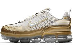 Nike Air Vapormax 360 'White Metallic Gold' White/Black/Reflect Silver/Metallic Gold CK9671-101 Gold Sneakers With Air Cushioning For Sports, White Breathable Nike Air Max, White Breathable Nike Air Max For Streetwear, White Nike Air Max For Light Sports, White Reflective Outdoor Running Shoes, White Reflective Running Shoes For Outdoor, White Running Shoes With Reflective Details For Outdoor, White Nike Air Max With Air Cushioning For Sports, White Nike Air Max For Sports