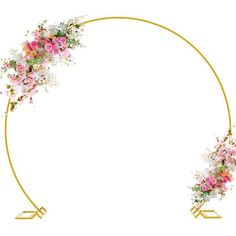 an arch decorated with pink flowers and greenery in the shape of a circle on a white background