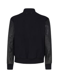 Main fabric: 72% Virgin wool, 28% Polyamide 2nd fabric: 100% Ovine leather Lining: 100% Cotton Sleeve lining: 52% Viscose, 48% Acetate Rib: 50% Acrylic, 45% Wool, 4% Polyamide, 1% Spandex Luxury Biker Jacket With Concealed Fastening, Designer Black Outerwear With Concealed Front Fastening, Designer Outerwear With Ribbed Collar And Long Sleeves, Designer Long Sleeve Outerwear With Ribbed Collar, Designer Fall Varsity Jacket With Ribbed Cuffs, Classic Fall Leather Jacket With Concealed Fastening, Luxury Wool Outerwear With Ribbed Cuffs, Winter Business Leather Jacket With Concealed Fastening, Winter Business Leather Jacket With Concealed Front