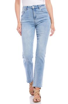 Frayed raw hems, fading and whiskering give these stretch-kissed jeans a well-loved vibe that will make them an instant favorite. 30" inseam; 15 3/4" leg opening; 11 3/8" front rise; 15" back rise (size 8) 93% cotton, 5% polyester, 2% spandex Machine wash, tumble dry Imported Raw Hem Straight Leg Jeans, High Rise Straight Leg Jeans, Jeans Light Blue, Karen Kane, Straight Jeans, Simple Style, Ankle Length, Straight Leg Jeans, Leg Jeans