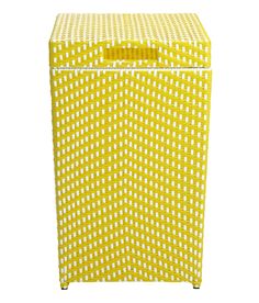 a yellow and white checkered laundry hamper