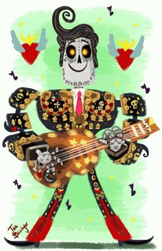 a drawing of a skeleton holding a guitar in his hands and wearing a suit with skulls on it