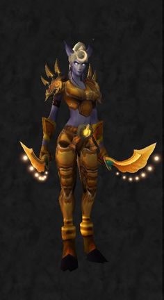 an animated image of a female character in yellow and brown armor with lights around her neck