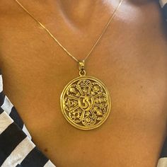 Gold Mandala Necklace made of Gold Vermeil: 18k Gold over Solid 925 Sterling Silver ☞ made to last.Click here for ☞ Ohm Rings Details:• Dimensions: Pendant Height 43mm, Width 32mm• Free Complimentary Chain• 18k Gold Vermeil SKU P-00474 14k Gold Medallion Amulet Jewelry, Spiritual 14k Gold Jewelry Stamped 14k, Engraved Amulet Jewelry For Good Luck, Spiritual Engraved White Gold Jewelry, Engraved Spiritual White Gold Jewelry, Engraved White Gold Spiritual Jewelry, Spiritual 14k Gold Medallion Jewelry, Handmade Medallion Jewelry For Good Luck, Spiritual Medallion Jewelry For Anniversary