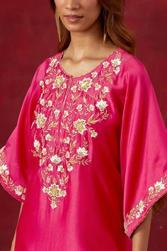 Fuchsia pink silk chanderi kaftan with floral pattern, multi color resham, beads, cut dana, sequin embroidered yoke and sleeve borders. Paired with straight pant and slip. - Aza Fashions Fuchsia Pink, Pink Silk, Pant Set, Straight Pants, Set For Women, Aza Fashion, Borders, Pants Set, Floral Pattern