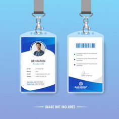 two id cards with lanyards attached to each other on a blue and white background