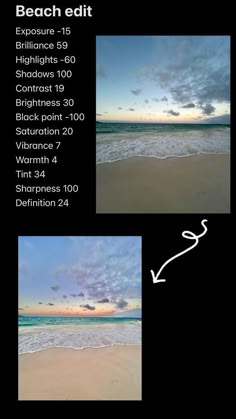 the beach edit menu is shown in three different pictures, including an ocean and sky background