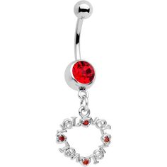 a red jeweled belly ring with the word love written on it and an inscription that says