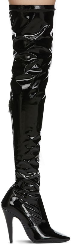 Over-the-knee patent faux-leather boots in black. Pointed toe. Zip closure at heel. Tonal hardware. Approx. 4 heel. Supplier color: Black Formal Patent Leather Knee-high Boots With Round Toe, Knee Thigh Boots, Thigh Boots, Faux Leather Boots, Thigh Boot, Shoe Closet, Shoes And Boots, Tall Boots, Luxury Streetwear