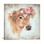 a painting of a cow with flowers on its head